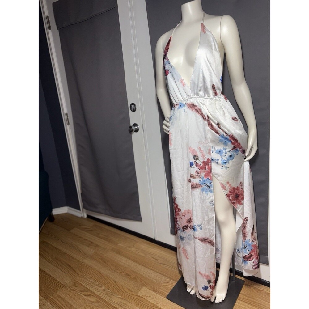 Flowy Low-Cut Fit-Flare High Split Maxi Strappy Floral Beach Dress White Small - Picture 6 of 7